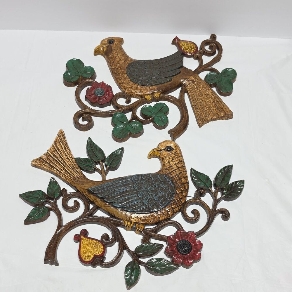 Vintage Syroco Bird Wall Plaques Set of 2 1966 Multicolor MCM Regency USA Decor